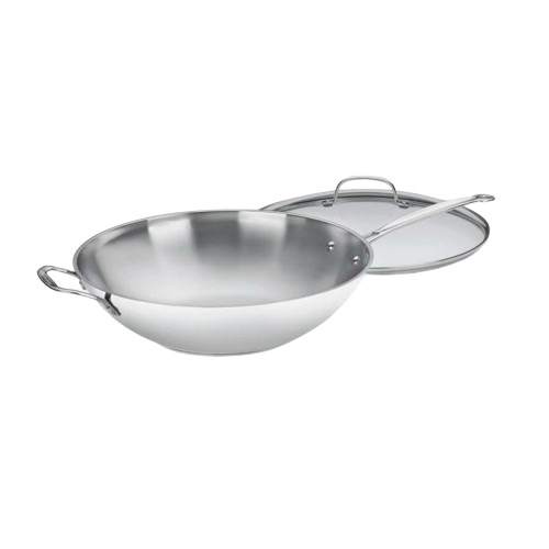 Angled view of Chef’s Classic 14-inch Stir-Fry Pan showcasing its helper handle and glass cover with a transparent background
