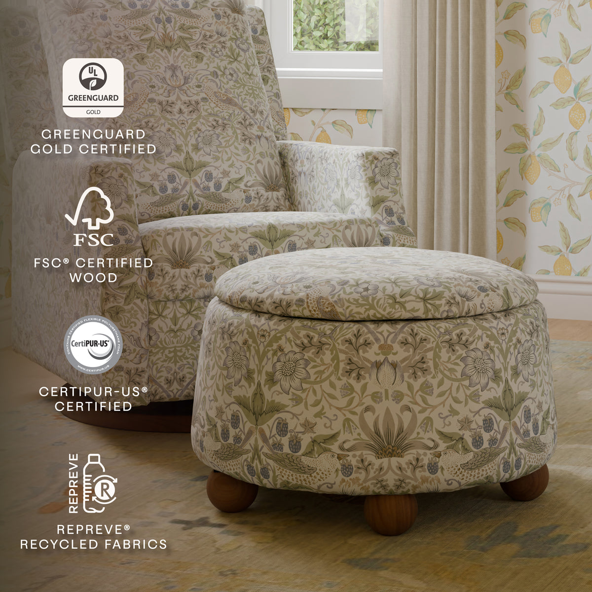 Morris & Co. x Namesake Tuffet Storage Ottoman Strawberry Thief in Fig & Thyme