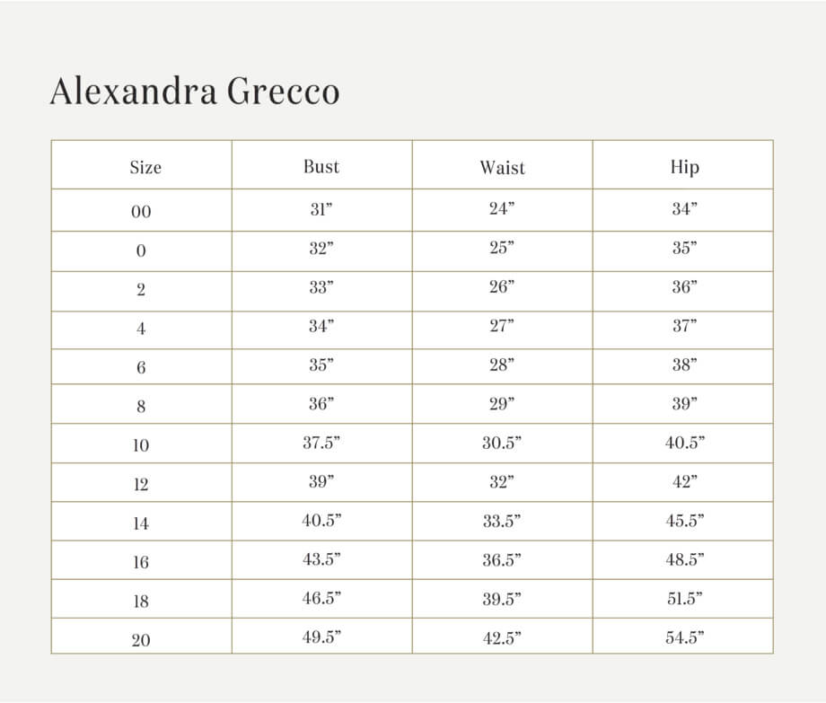 Alexandra Grecco Size Guide