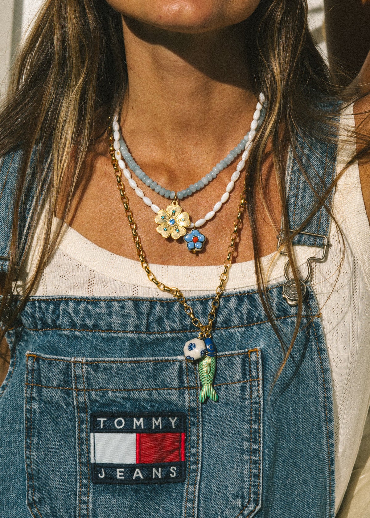 Blue Beaded Gold Flower Necklace