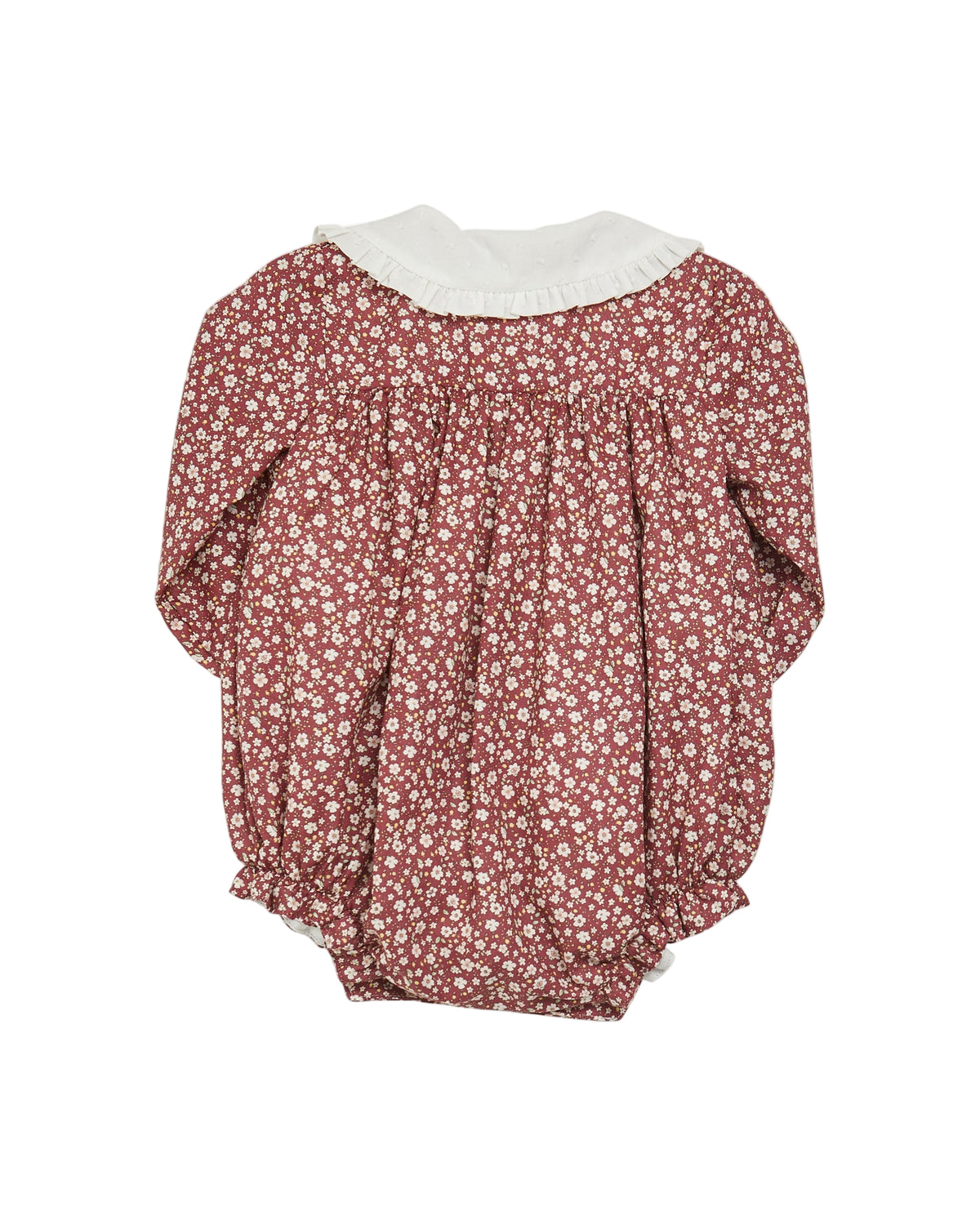 Floral baby romper with white collar on a white background