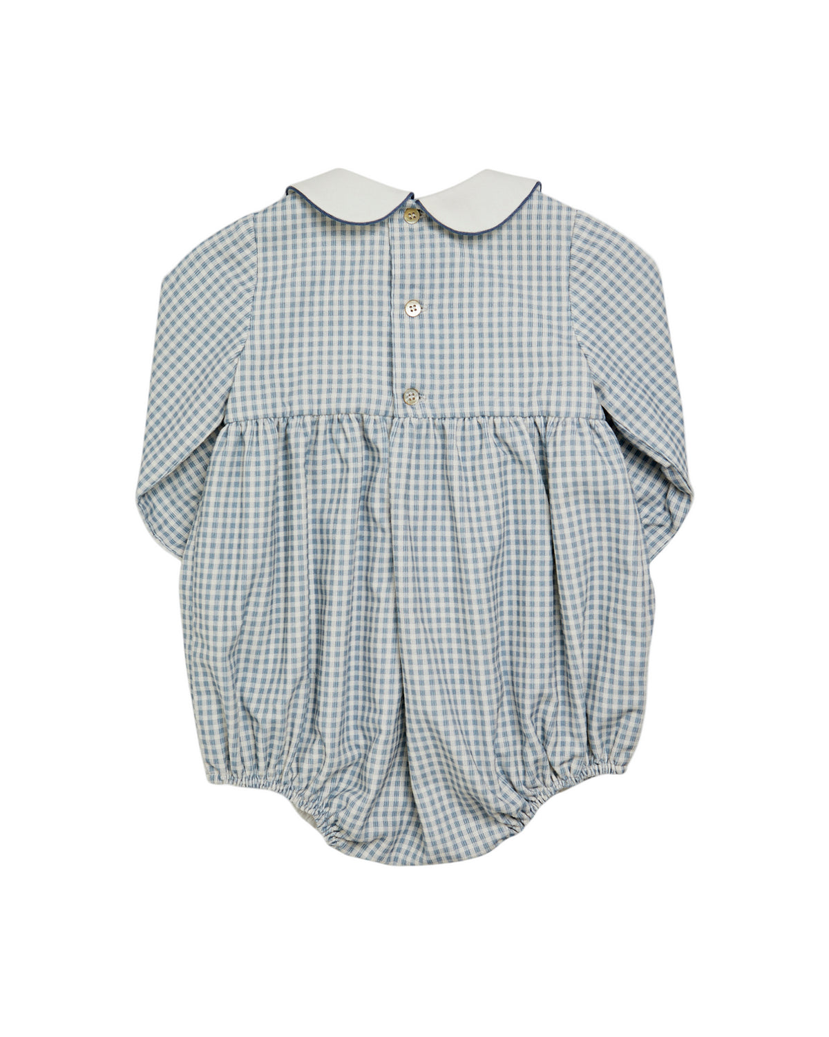 Green and white checkered baby romper with a collar on a white background