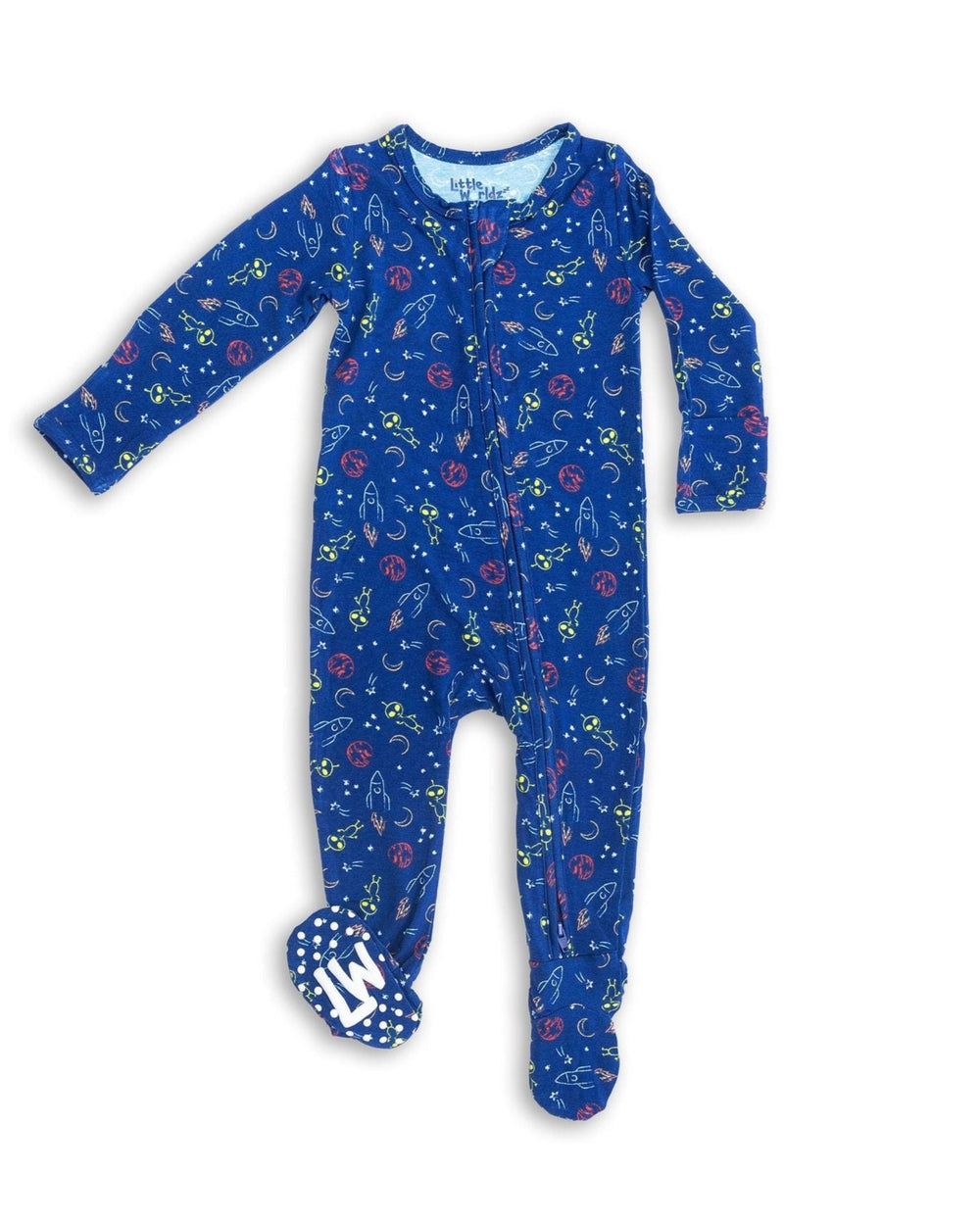 Front view of blue space-print bamboo zipper footie for babies showcasing center zipper and built-in grippy footies on white background
