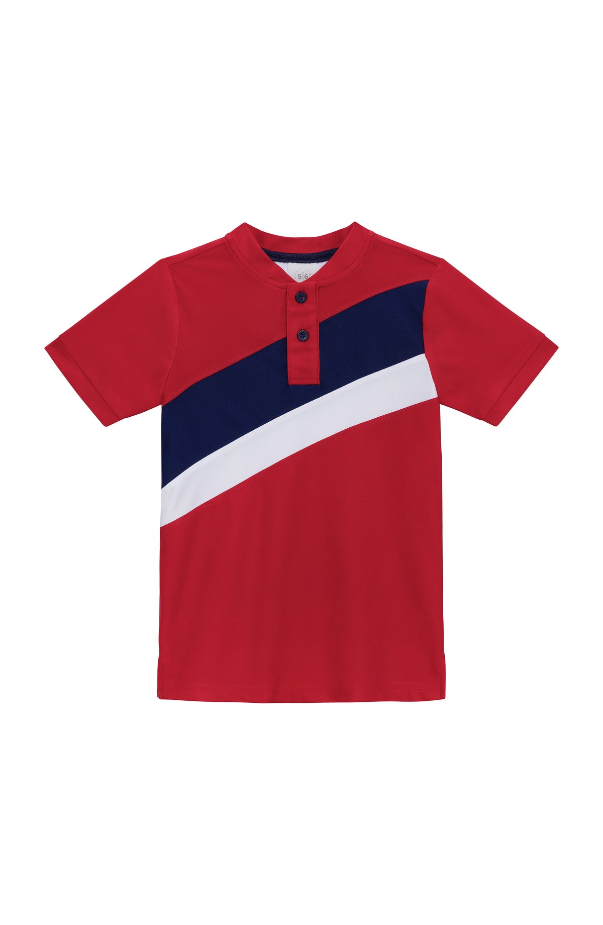 Front view of All-American Blade Shirt showcasing diagonal navy and white colorblock, blade collar, and short sleeves on white background