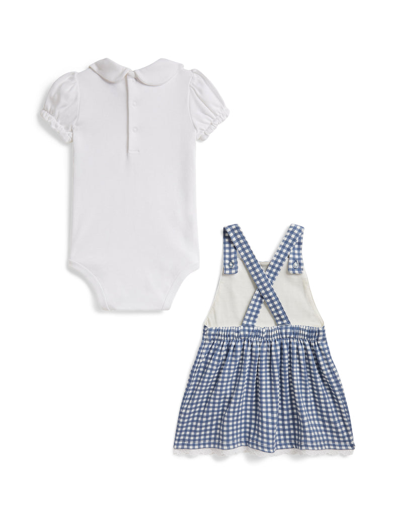 Sleeveless Gingham Overall Dress with Collared Shirt Set