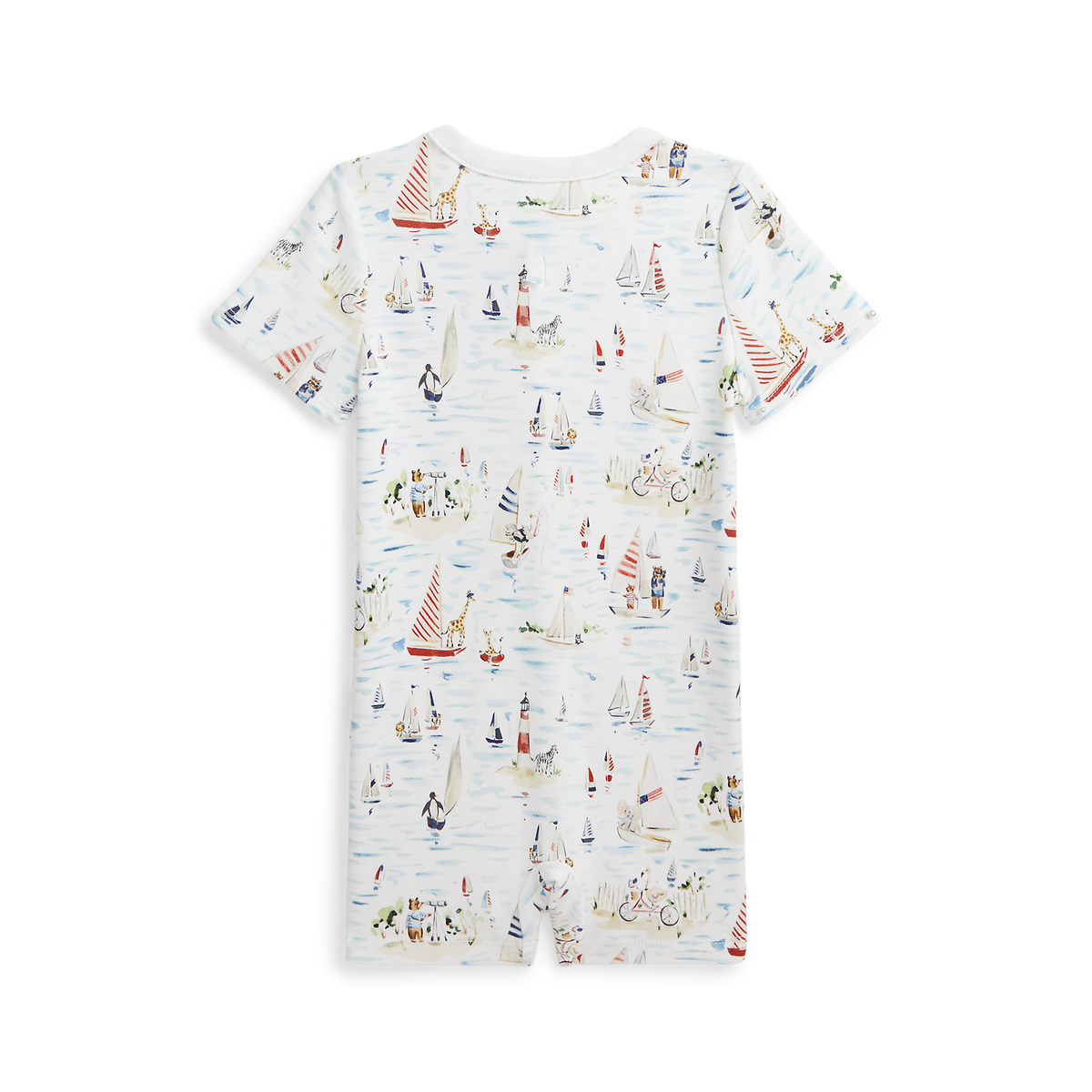 Front view of RL Baby x Riley Sheehey Cotton Shortall showcasing short sleeves and whimsical sailboat print on a white background
