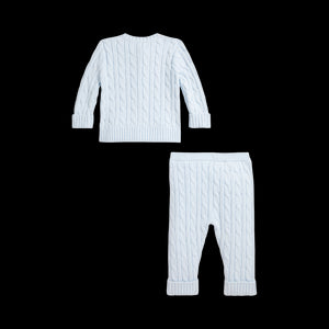 Cable-Knit Cotton Cardigan & Pant Set in Pearl Blue