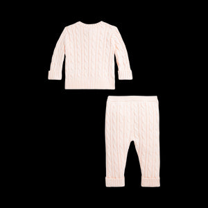 Cable-Knit Cotton Cardigan & Pant Set in Morning Pink