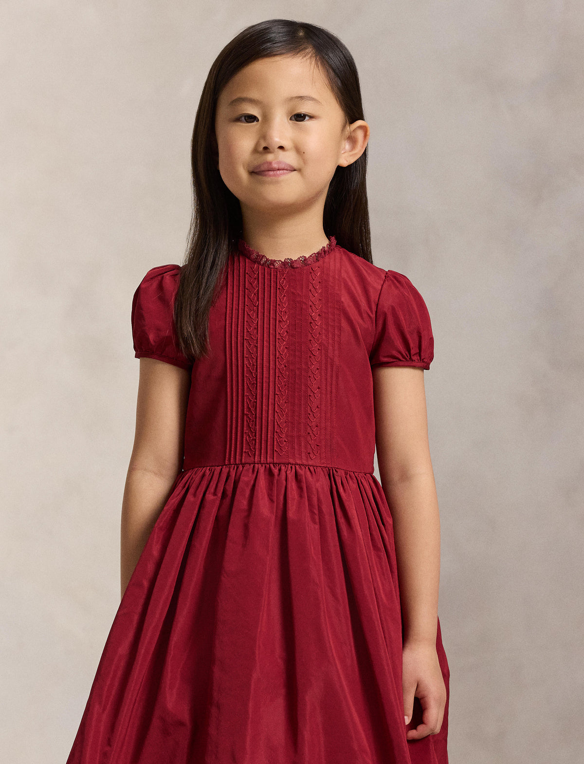 Short-Sleeve Embroidered Pintuck Occasion Dress