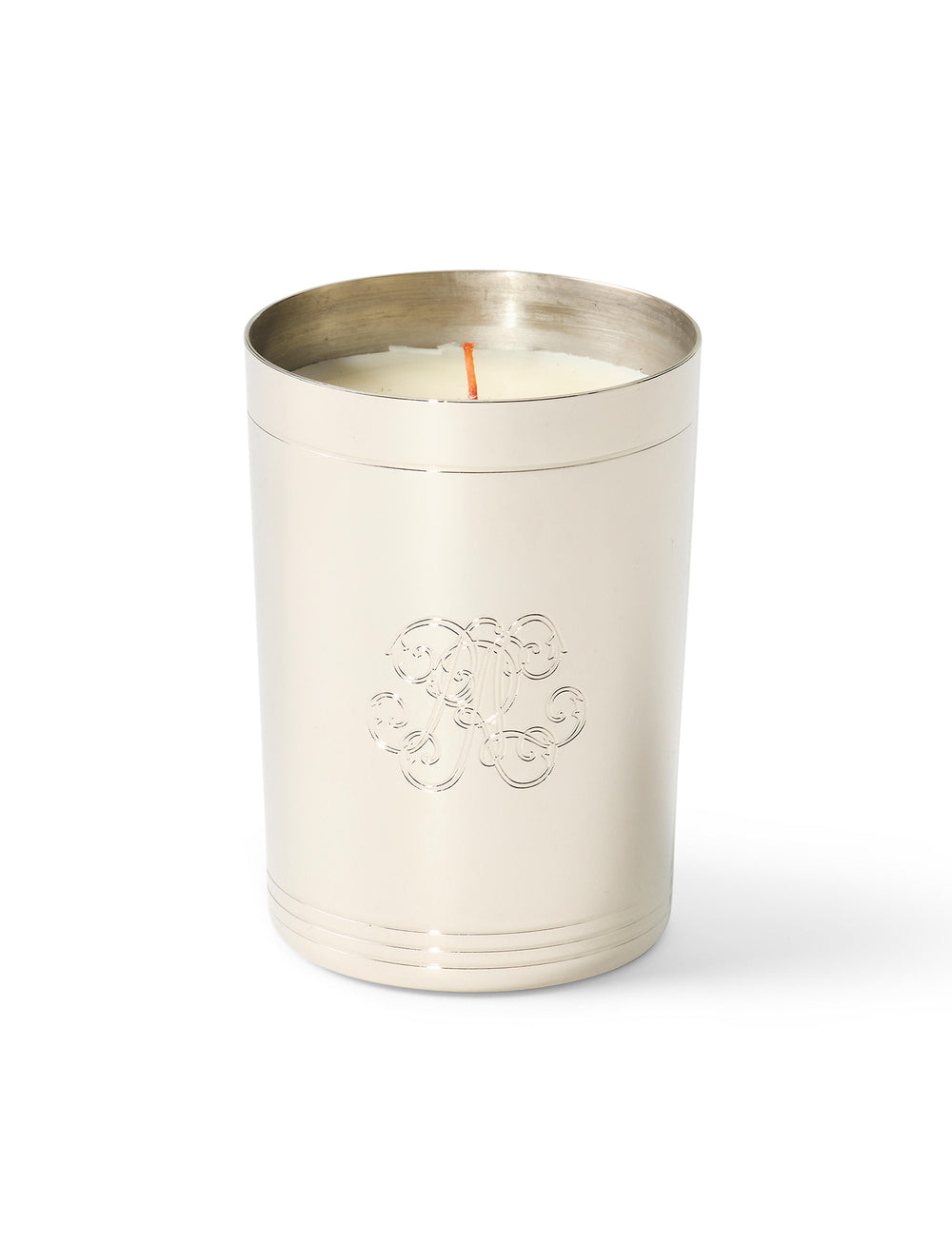 Front view of RL 888 Madison Flagship Candle showing silver-plated brass holder with engraved RL monogram on white background