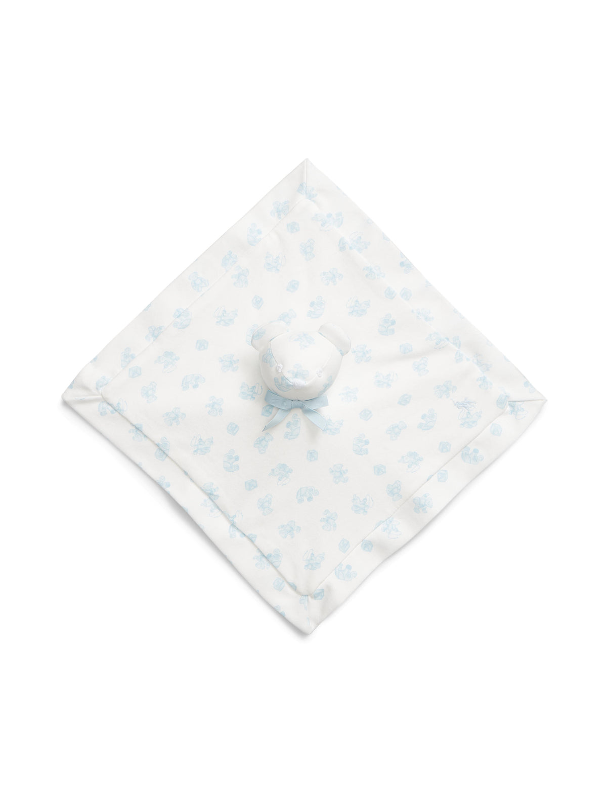 Top view of Organic Cotton Interlock Bear Lovey Blanket showcasing bear head and ribbon bow on white background
