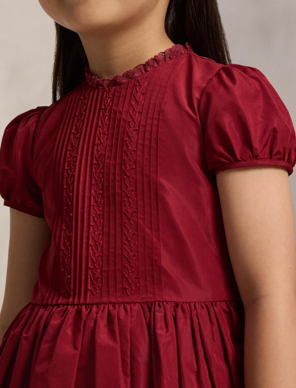 Short-Sleeve Embroidered Pintuck Occasion Dress