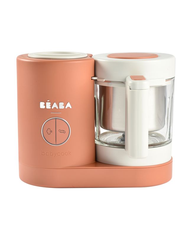 Front view of Babycook Neo food maker in terracotta with glass bowl and stainless steel steam basket on white background