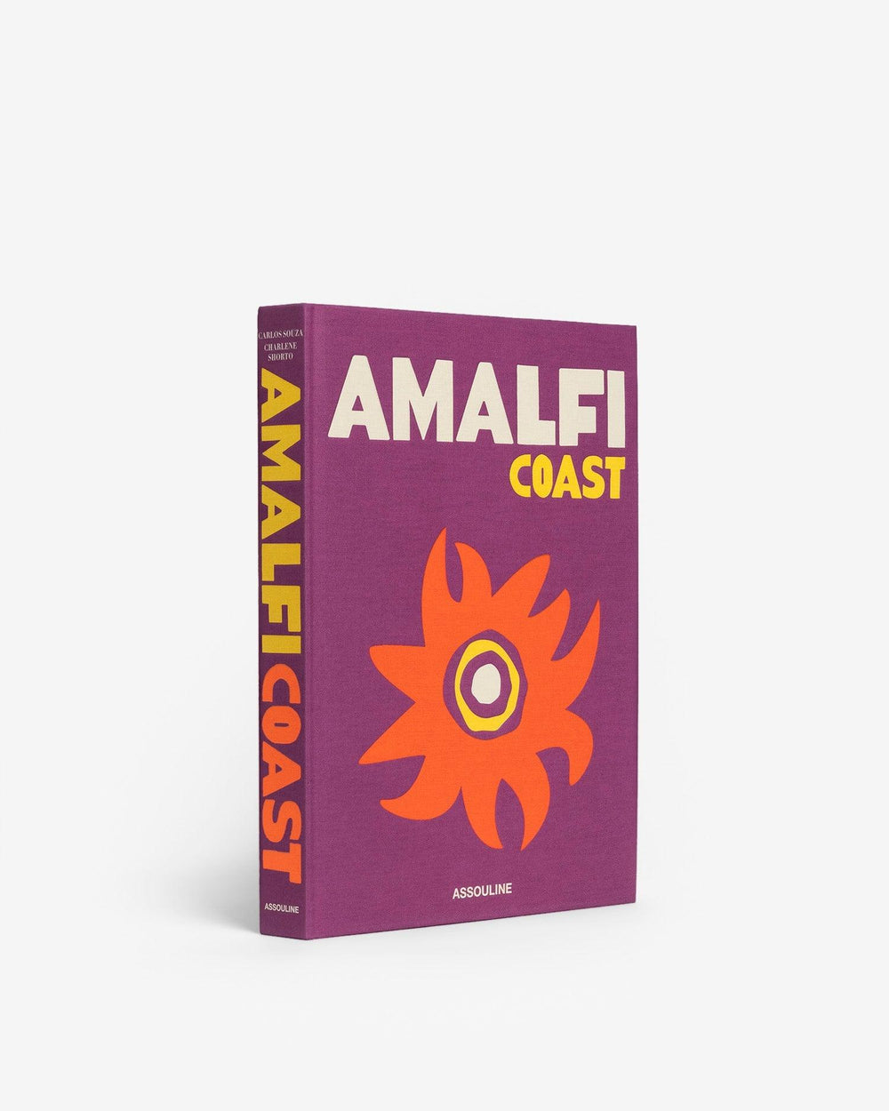 Three-quarter view of Assouline Amalfi Coast book with purple cover, orange flower, AMALFI COAST title on white background