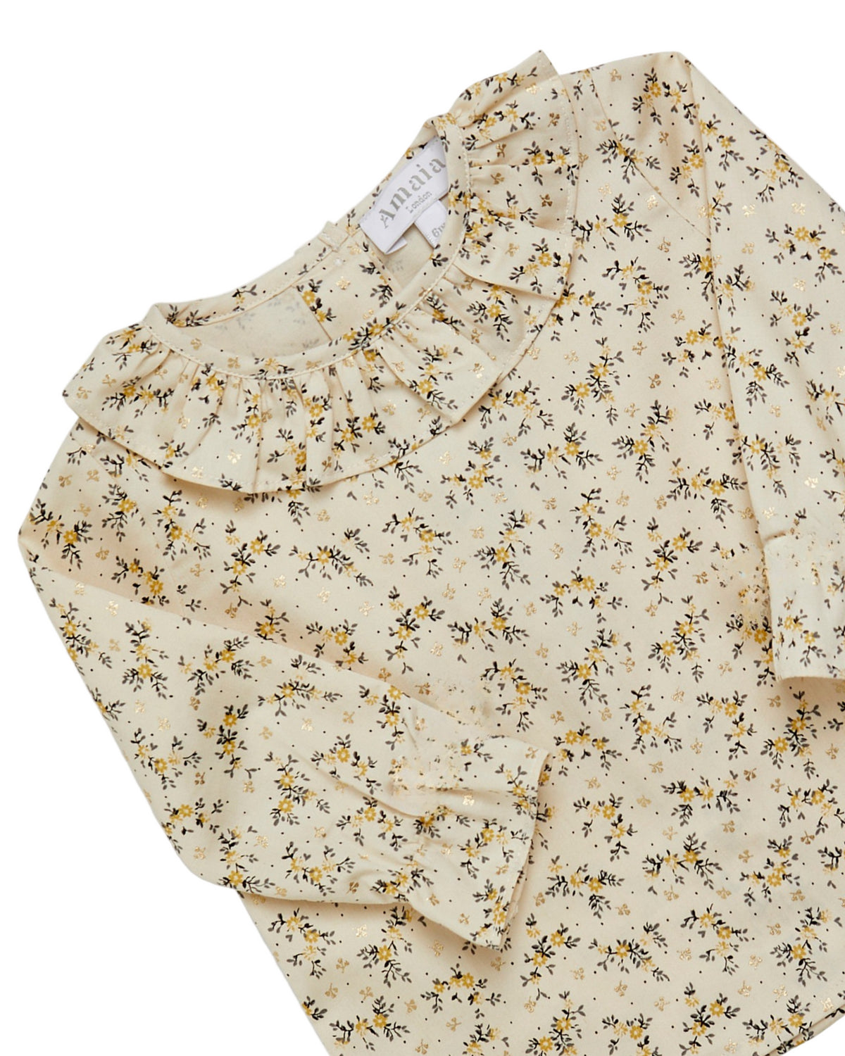 Floral-patterned shirt with a visible brand label on a white background