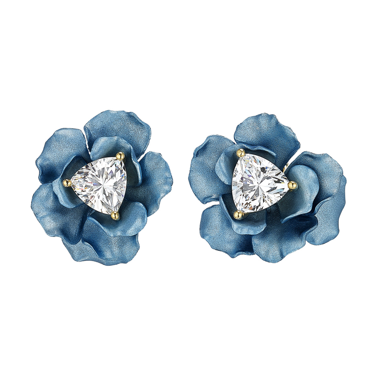 Front view of Baby Blue Rose Studs showcasing blue rose petals and simulated trillion-cut white diamonds with a white background