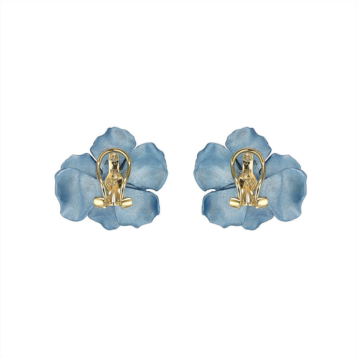 Rear view of Baby Blue Rose Studs showcasing blue rose shapes and gold posts on a white background