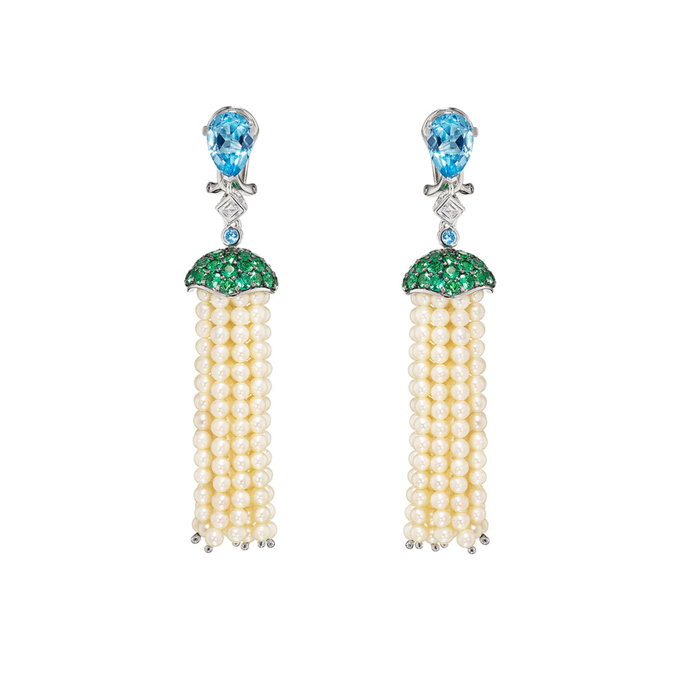 Aqua Pearl Tassel Earrings