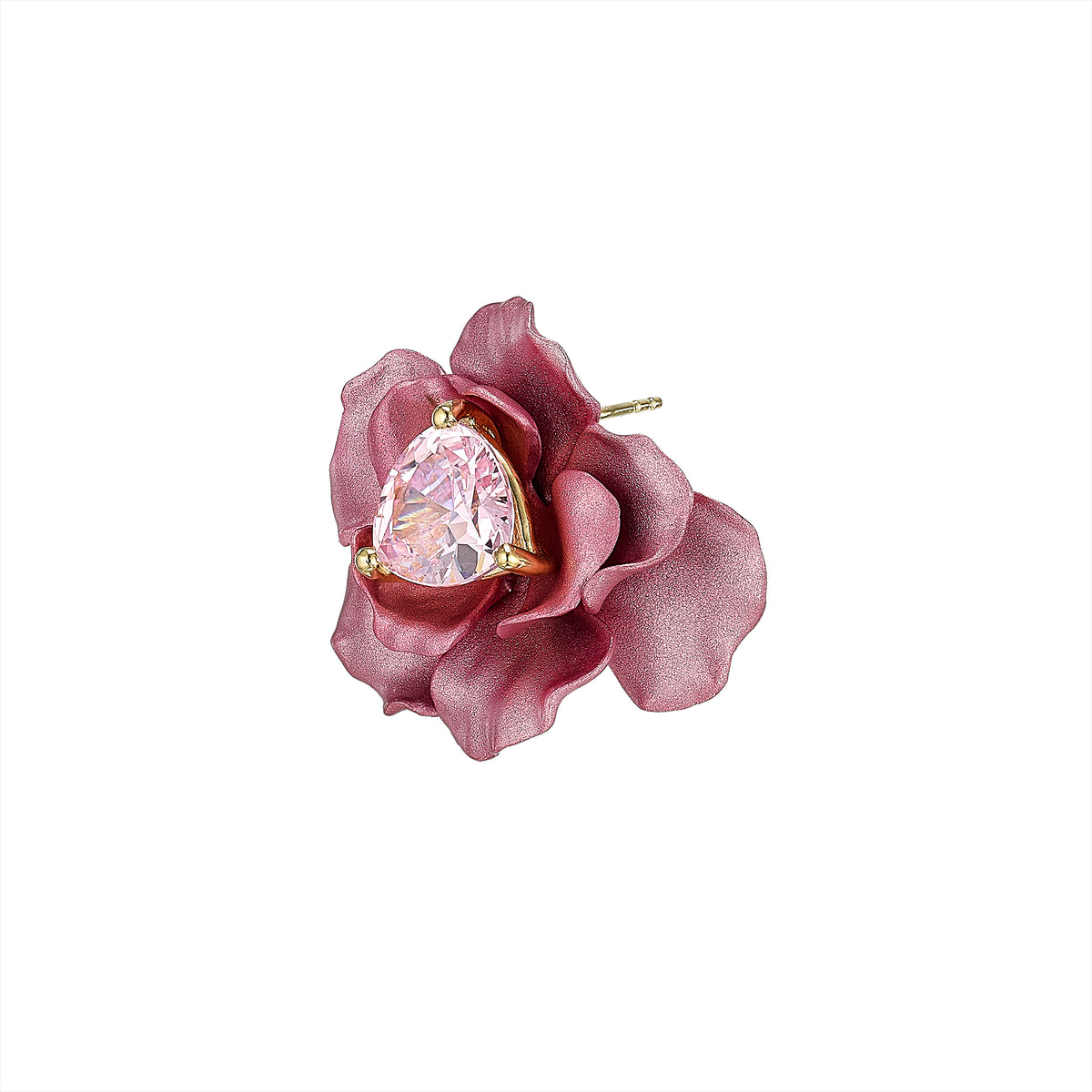 Angled view of Blush Rose Studs showcasing a trillion-cut blush rose sapphire and floral petals with a white background