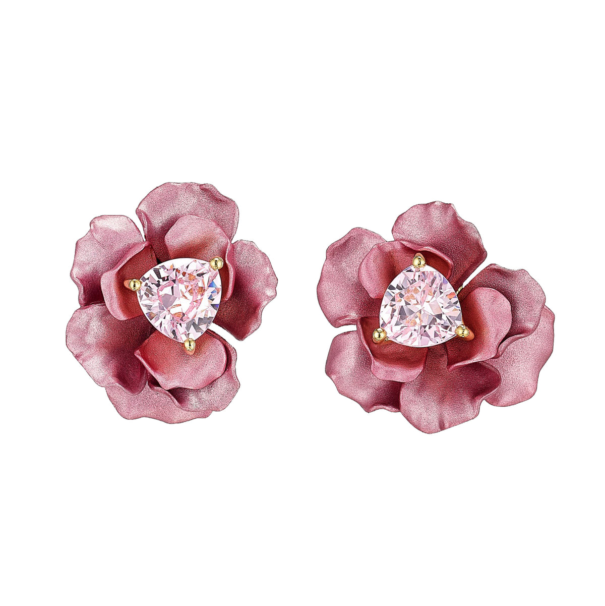 Front view of Blush Rose Studs showcasing trillion-cut blush rose sapphires and floral petals on a white background