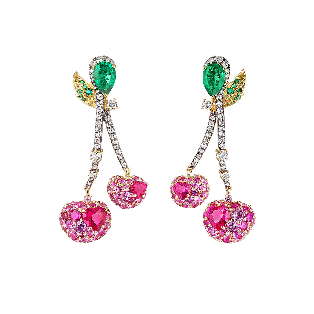 Front view of Cherry Drop earrings with gold-tone stems, crystal pave, green teardrop studs, and pink rhinestone cherries