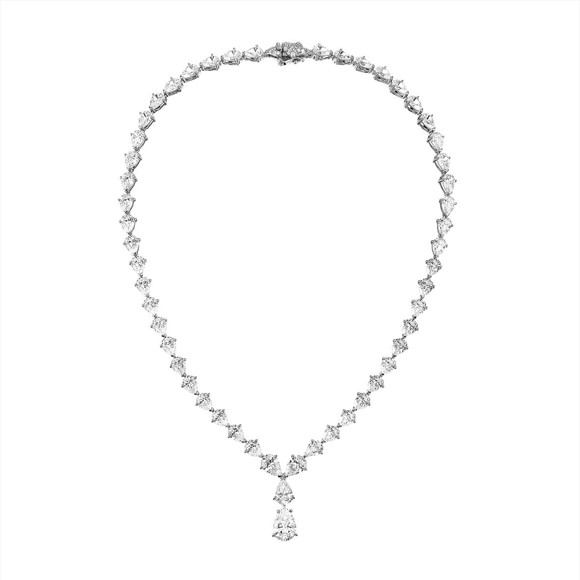 Front view of Diamond Nova Necklace: White Gold with cascading simulated diamonds and star-shaped clasp on white background