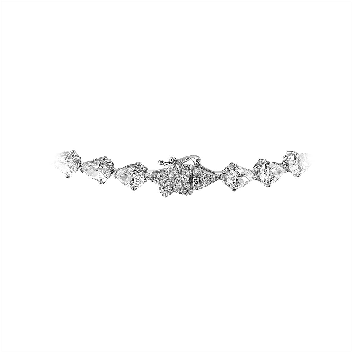 Close-up of Diamond Nova Necklace: White Gold showcasing its star-shaped clasp with simulated diamonds on a white background