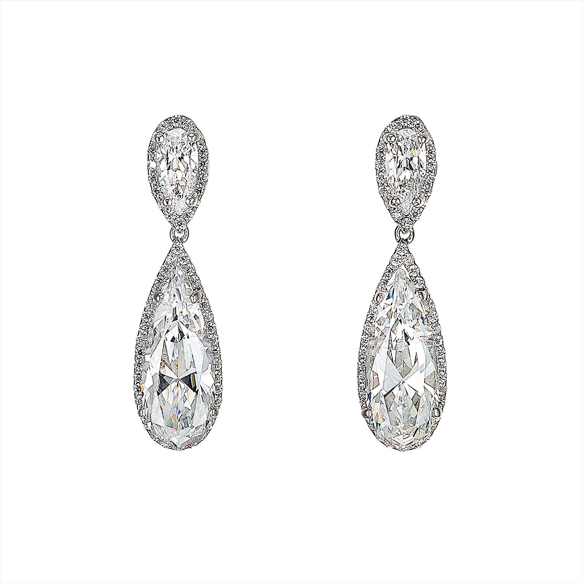 Front view of Mini Diamond Papillon Earrings showcasing teardrop-shaped drops with laboratory-grown simulated white diamonds on white background