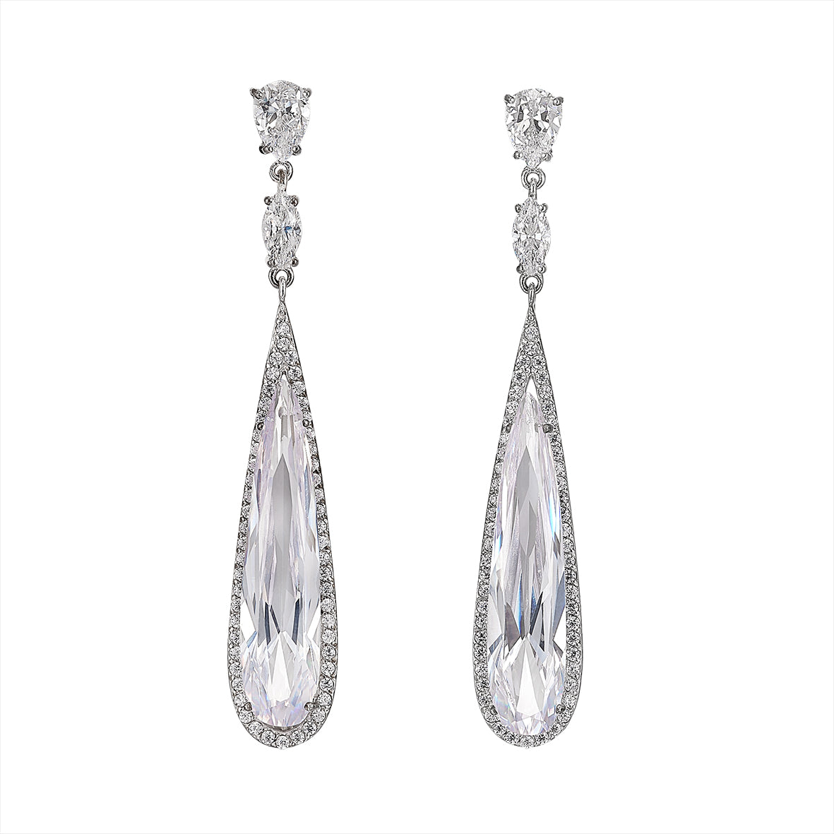 Front view of Diamond Shard Earrings with pear-shaped simulated diamonds and pave-set diamonds on white background