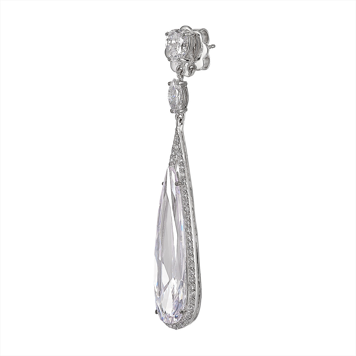 Close-up view of Diamond Shard Earrings showcasing large and small pear-shaped simulated diamonds on a white background