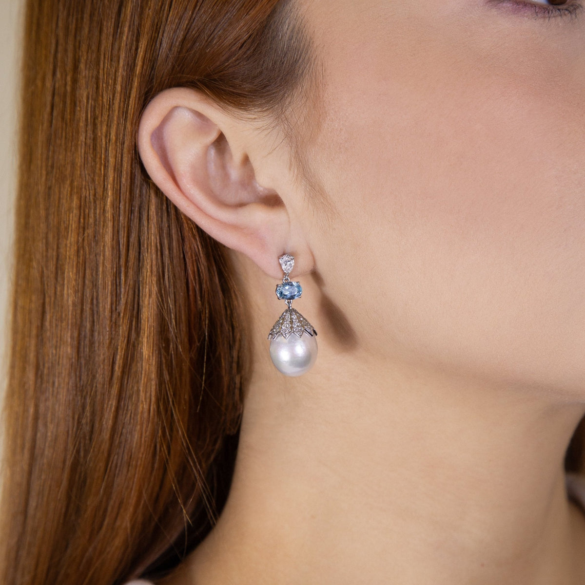 Anastasia Pearl and Aquamarine Earrings - Jewelry - RUCHI New York