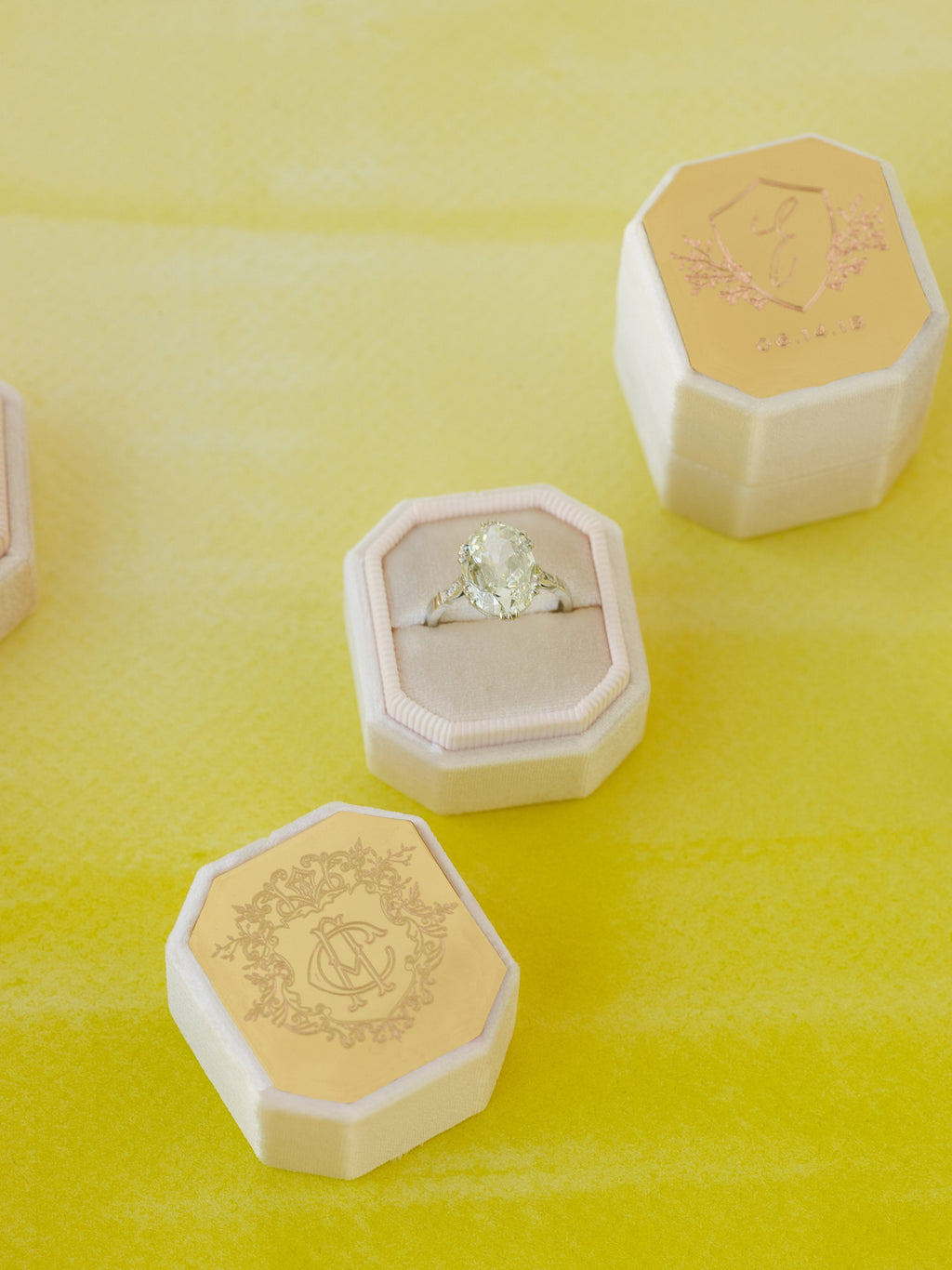neutral velvet ring box bridal metal engraving top