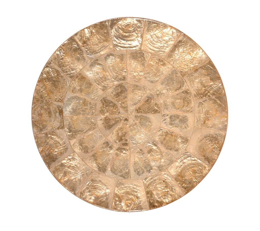 Top view of Round Capiz Placemat, Set of 4 showcasing champagne-toned capiz shell segments with a white background