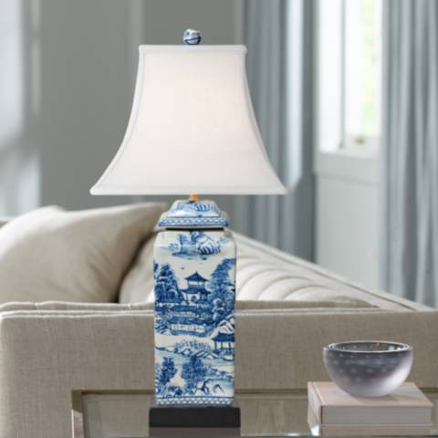 Ari Chinoiserie Blue and White Square Table Lamp