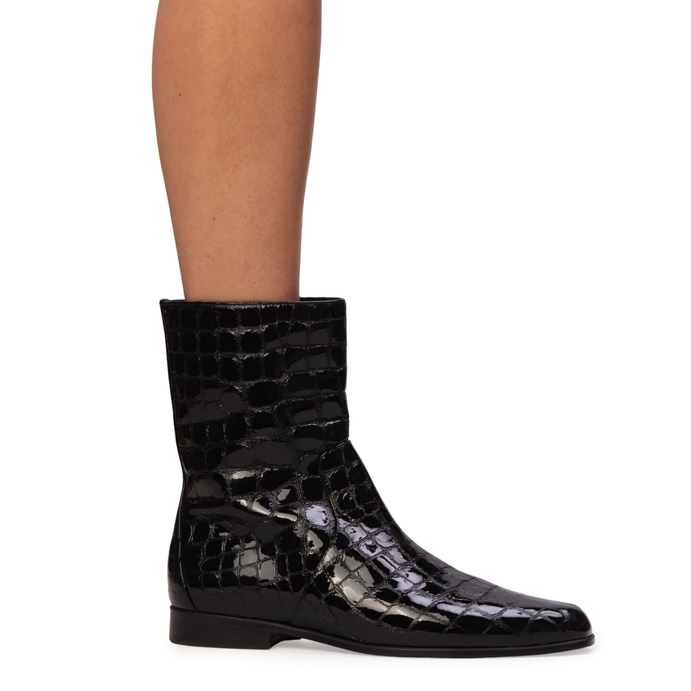Aries Boot in Black Croc Patent Leather