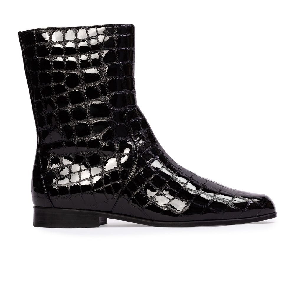 Aries Boot in Black Croc Patent Leather