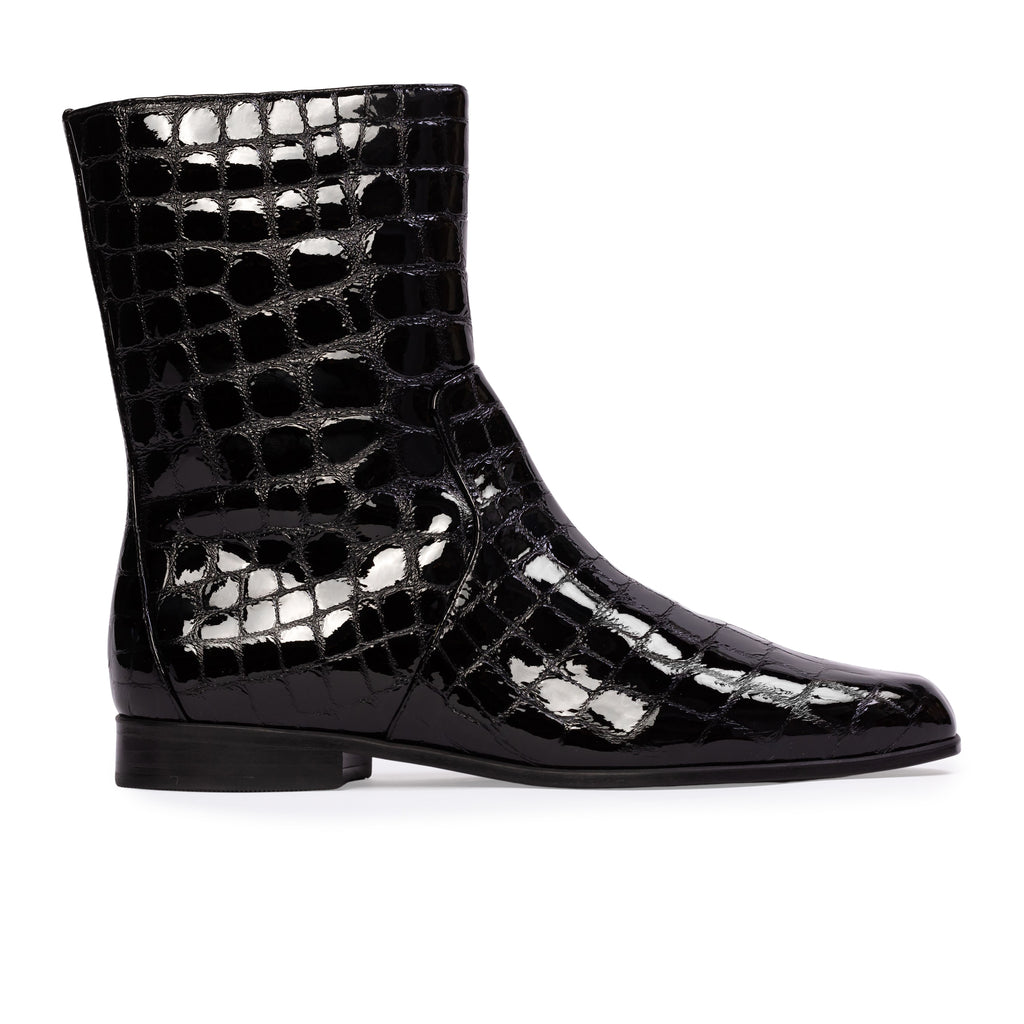 Aries Boot in Black Croc Patent Leather