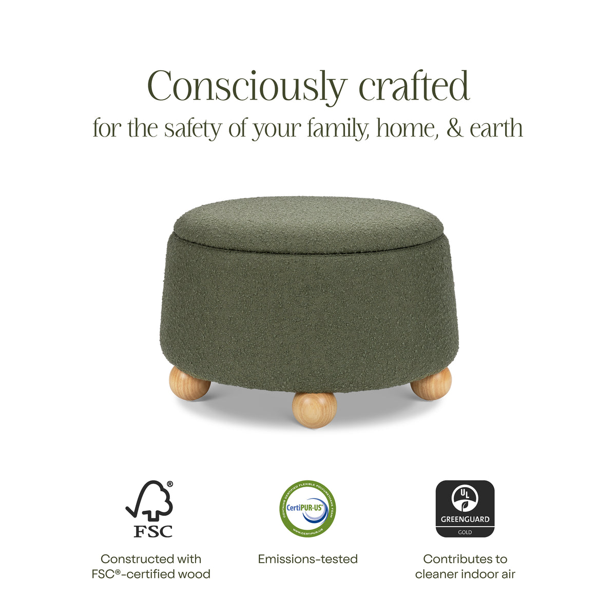 Tuffet Storage Ottoman in Performance Olive Boucle with Honey Ball Feet