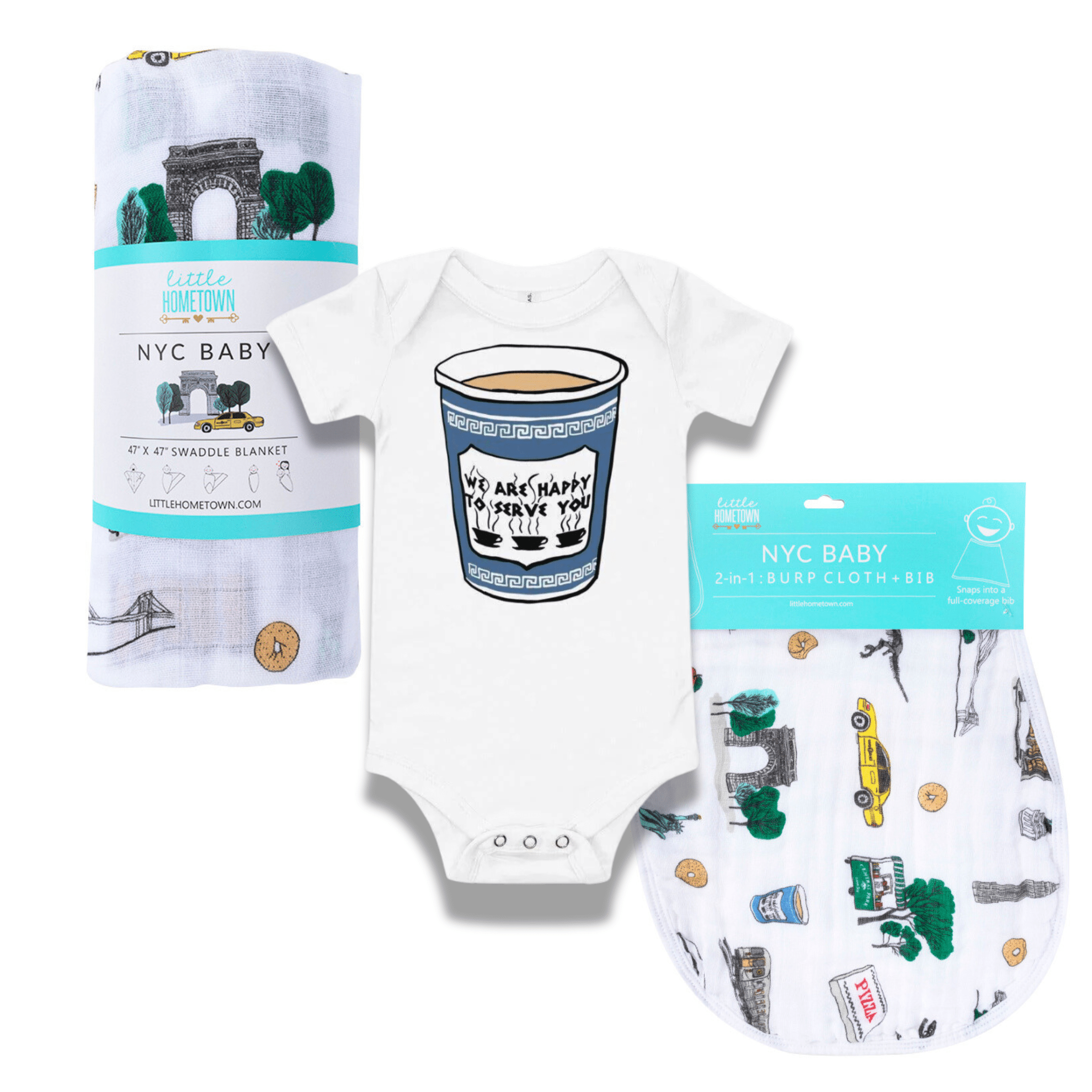 Astoria NYC Baby Gift Bundle Swaddle, Bib, and Onesie