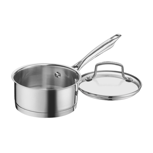 Three-quarter view of Professional Series 1 Quart Saucepan with Cover showing stainless steel body, riveted handle, and lid