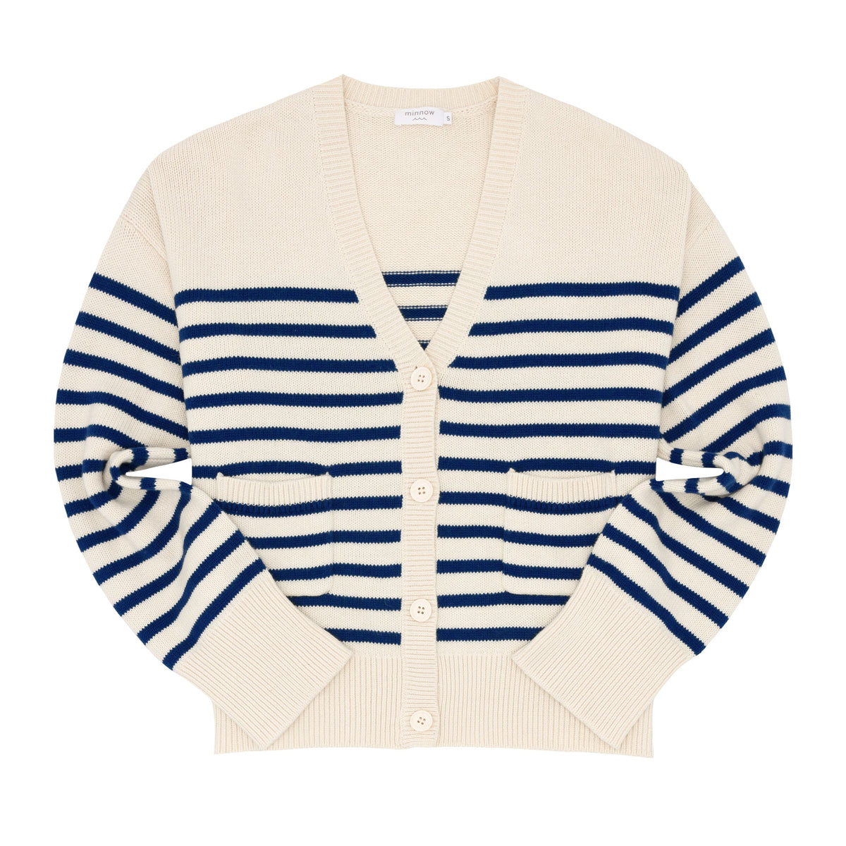 Front view of Women’s Breton Stripe V-Neck Knit Cardigan showcasing navy stripes, button front, and patch pockets on white