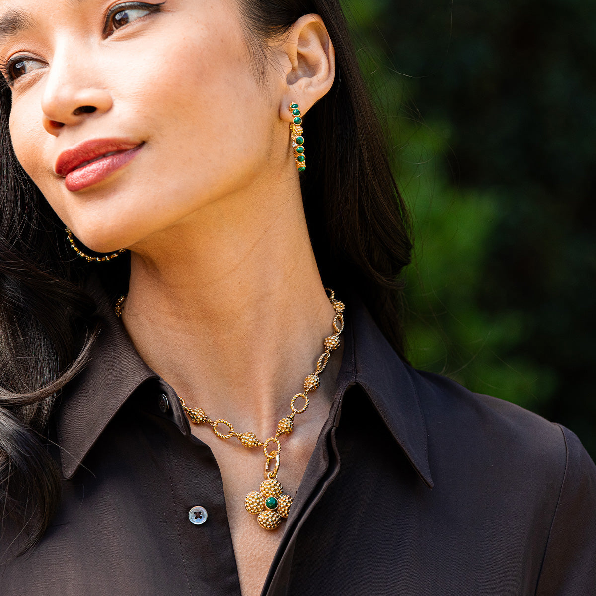Berry Gem Medium Hoop Earrings in Malachite