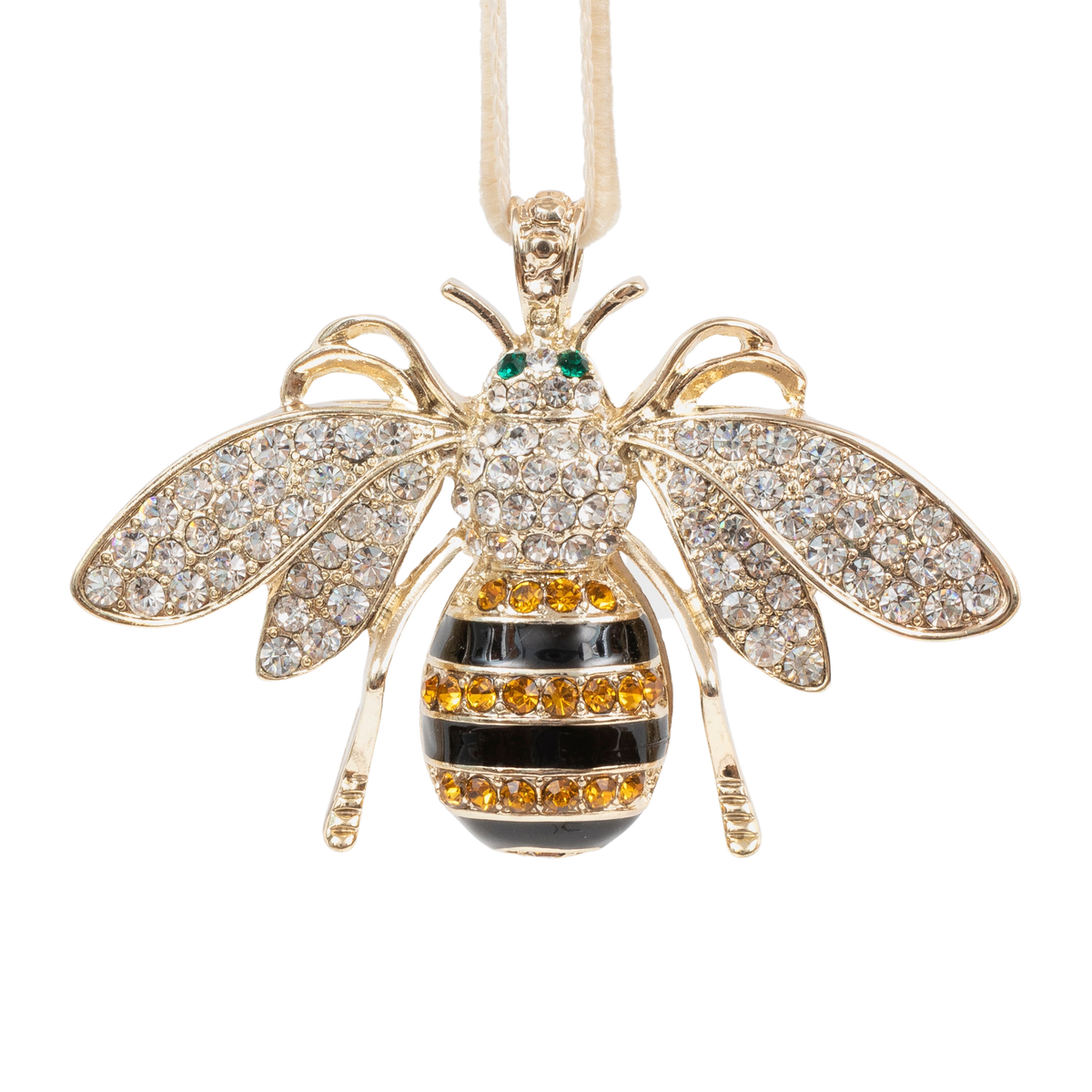Front view of Stripey Bee Hanging Ornament with jeweled wings, striped enamel body, and velvet ribbon on black background