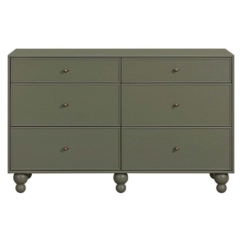 Front view of Astre 6-drawer wide assembled dresser in Archival Elm showcasing six drawers and round feet on white background
