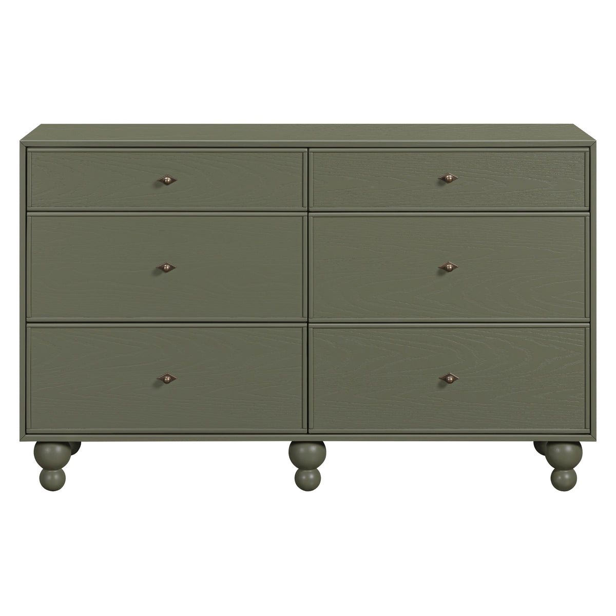 Front view of Astre 6-drawer wide assembled dresser in Archival Elm showcasing six drawers and round feet on white background