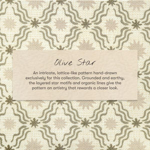 Close-up of Nate Berkus crib sheet showcasing the Olive Star lattice pattern on cream fabric with a description card