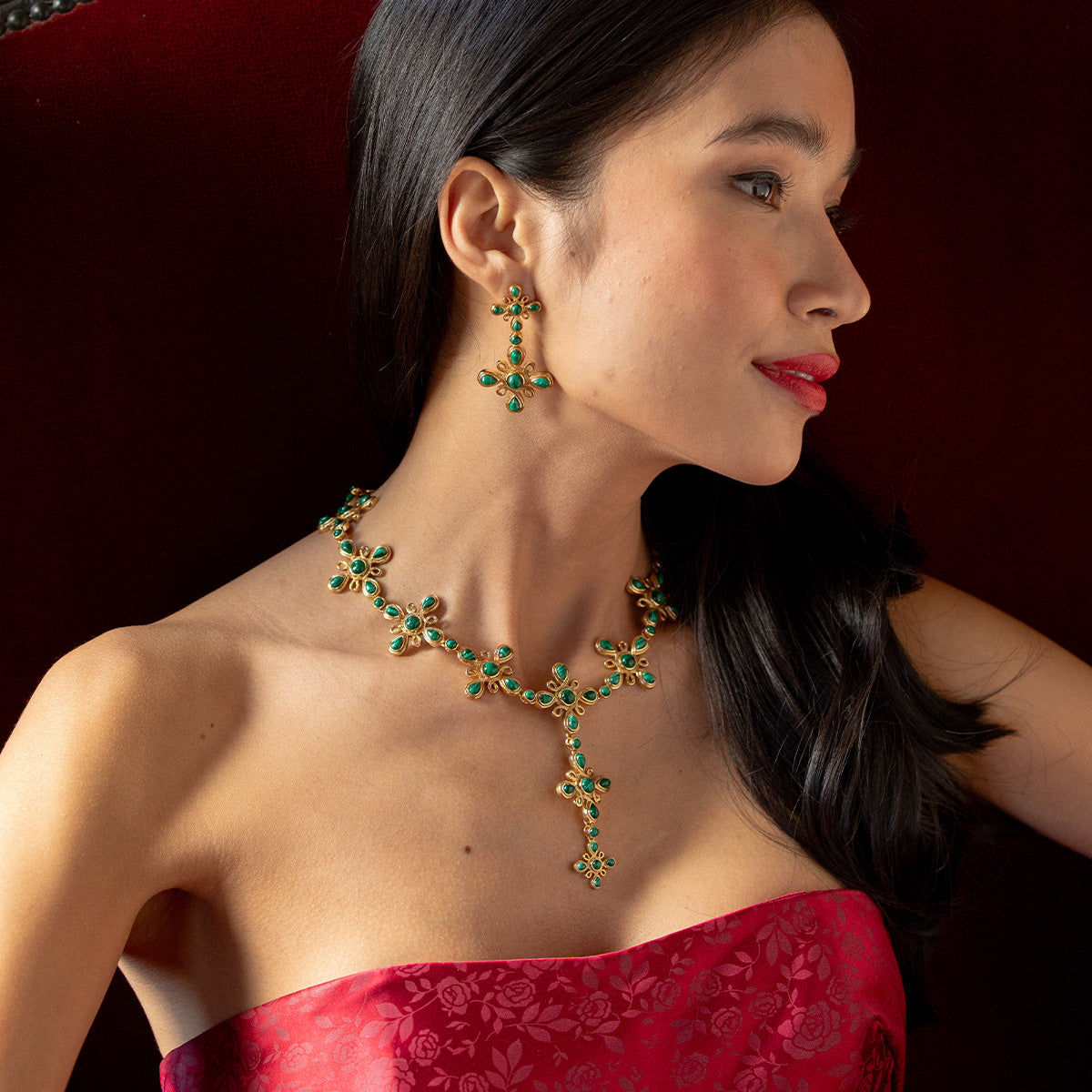Monique Gem Double Drop Earrings in Malachite