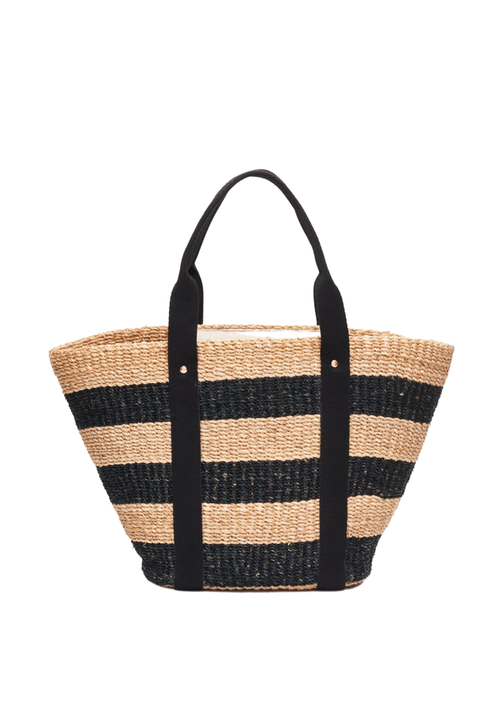 Two Tone Woven Stripe Straw Tote Bag