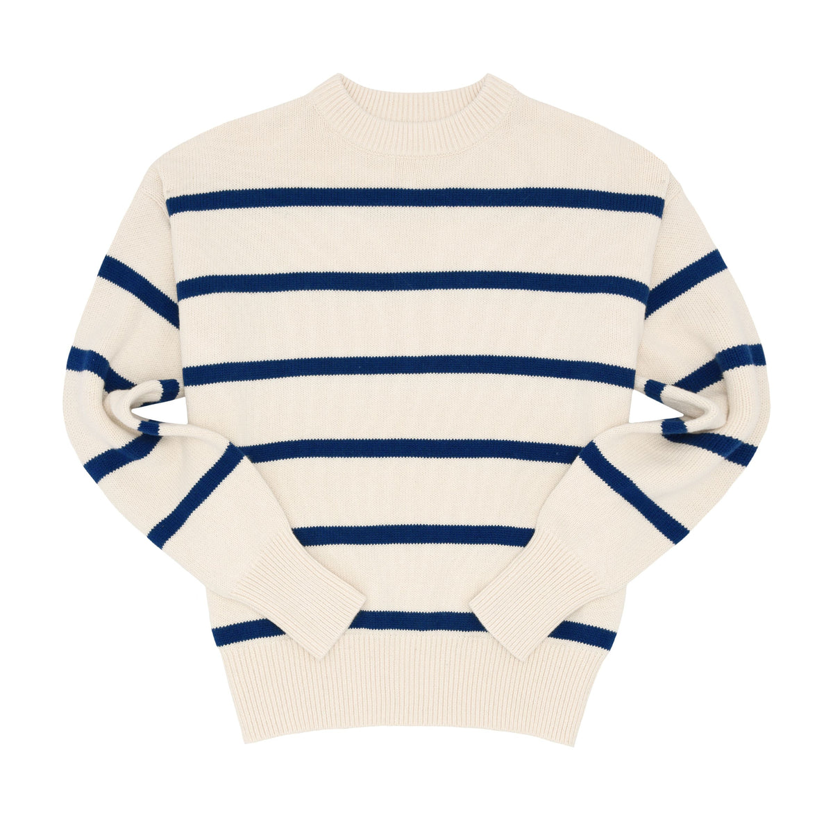 Front view of Women’s Cream And Navy Wide Stripe Knit Sweater showcasing dolman sleeves and ribbed hem on a white background