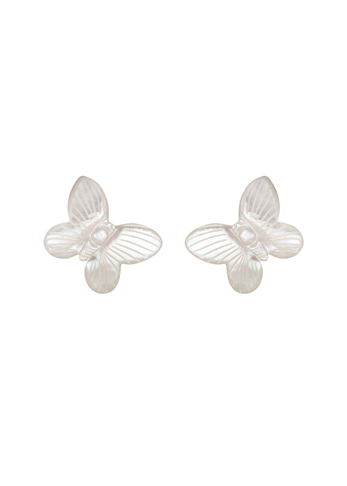 Front view of Bree Earrings in Mother of Pearl showcasing etched butterfly details with a black background